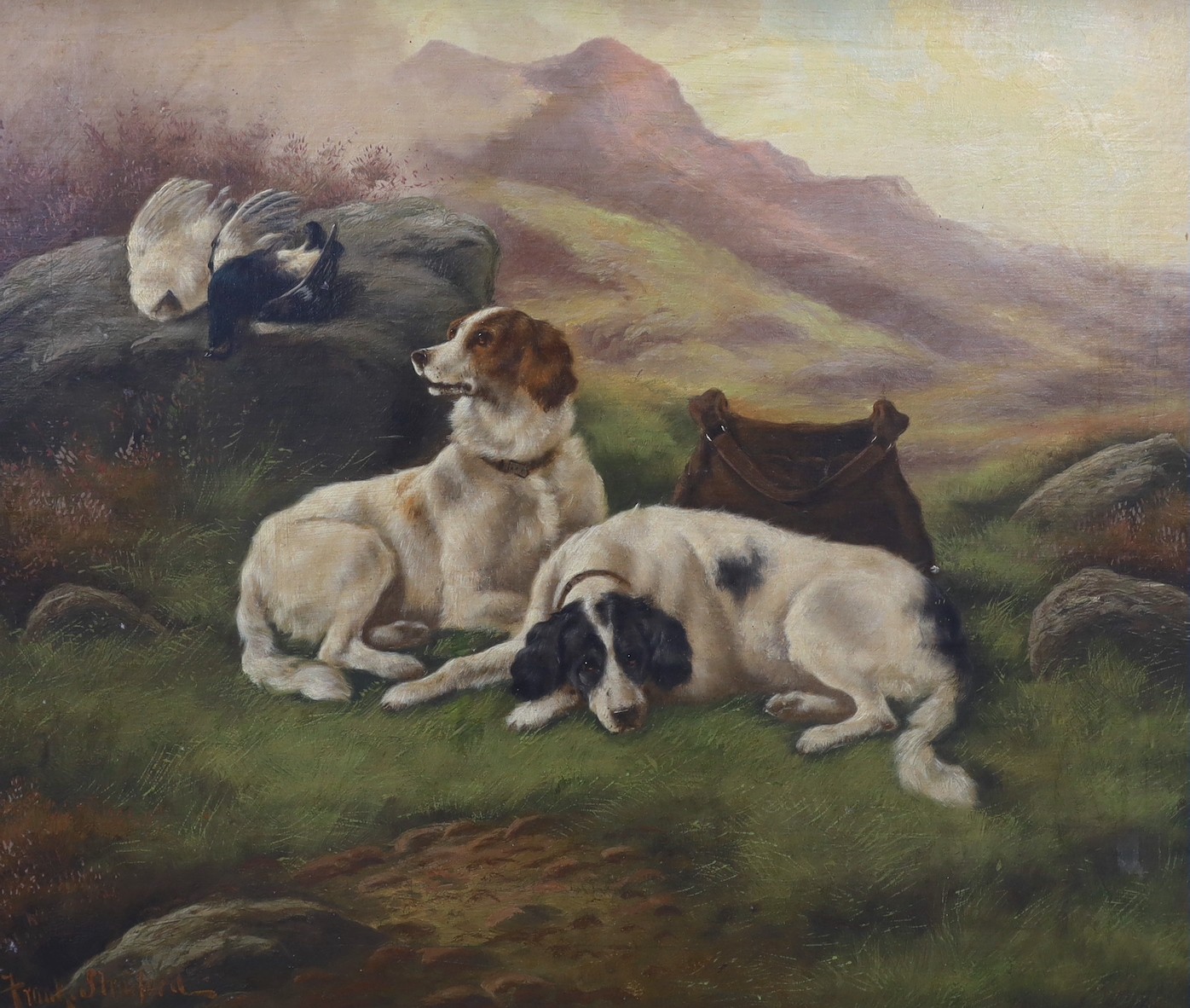 English school, oil on canvas, sporting scene of spaniels in landscape, signed, 49 x 59cm